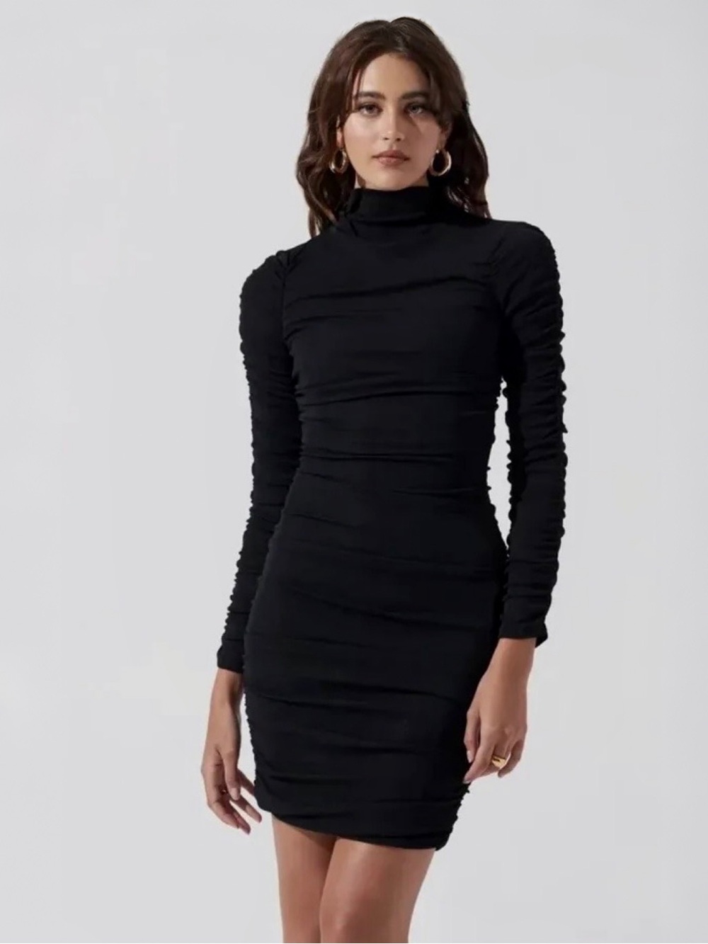 Astr The Label Black Long-Sleeved Ruched Mock Neck Bodycon Mini Dress Sz M NEW